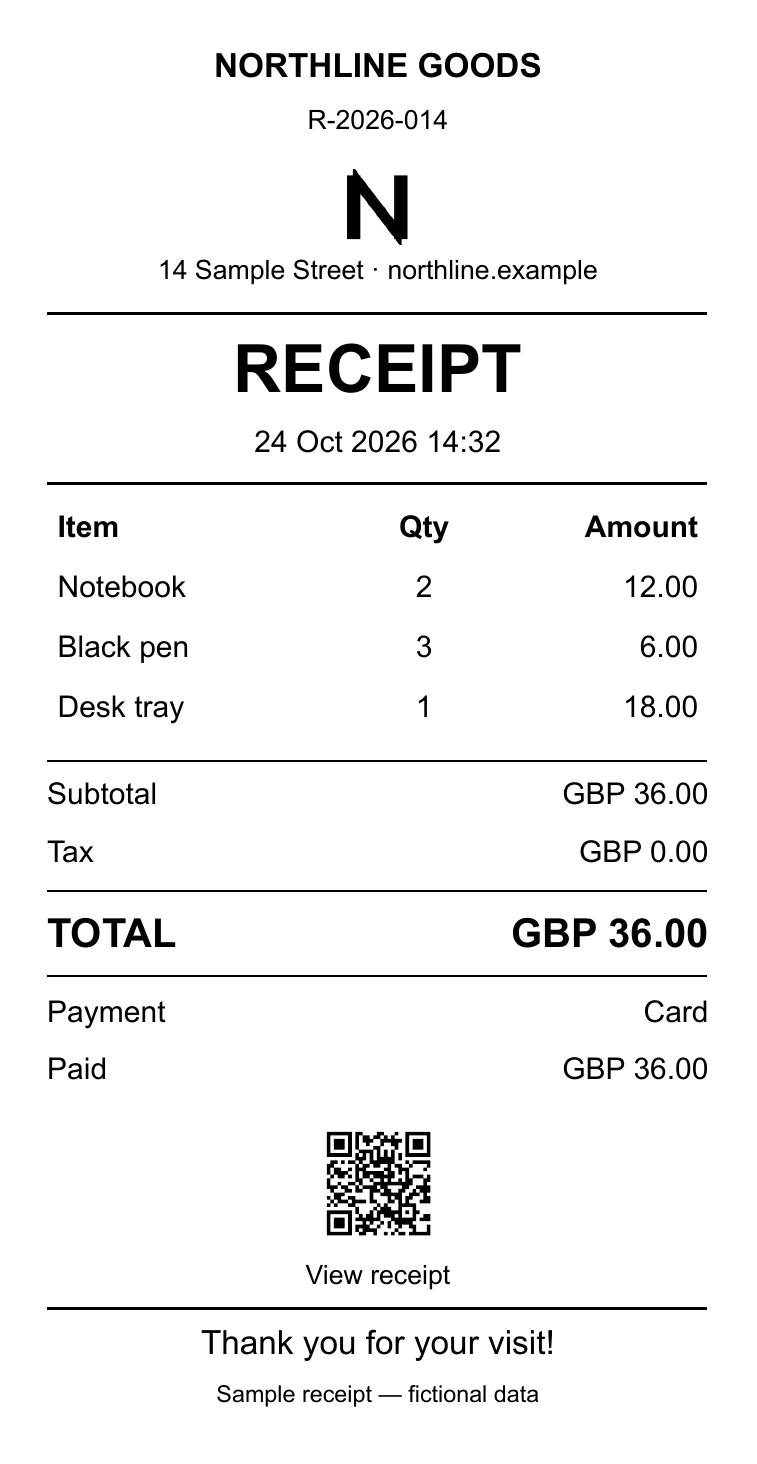 Northline receipt R-2026-014, GBP 36.00.