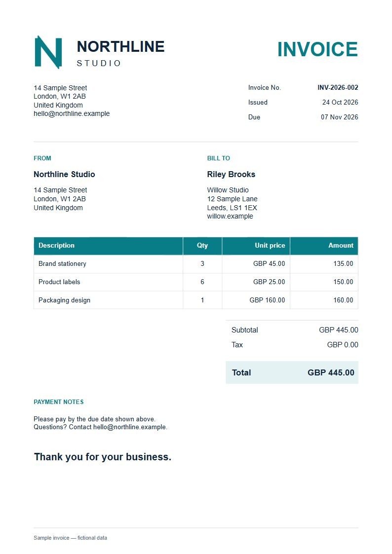 Invoice INV-2026-002 for Riley Brooks, GBP 445.00.
