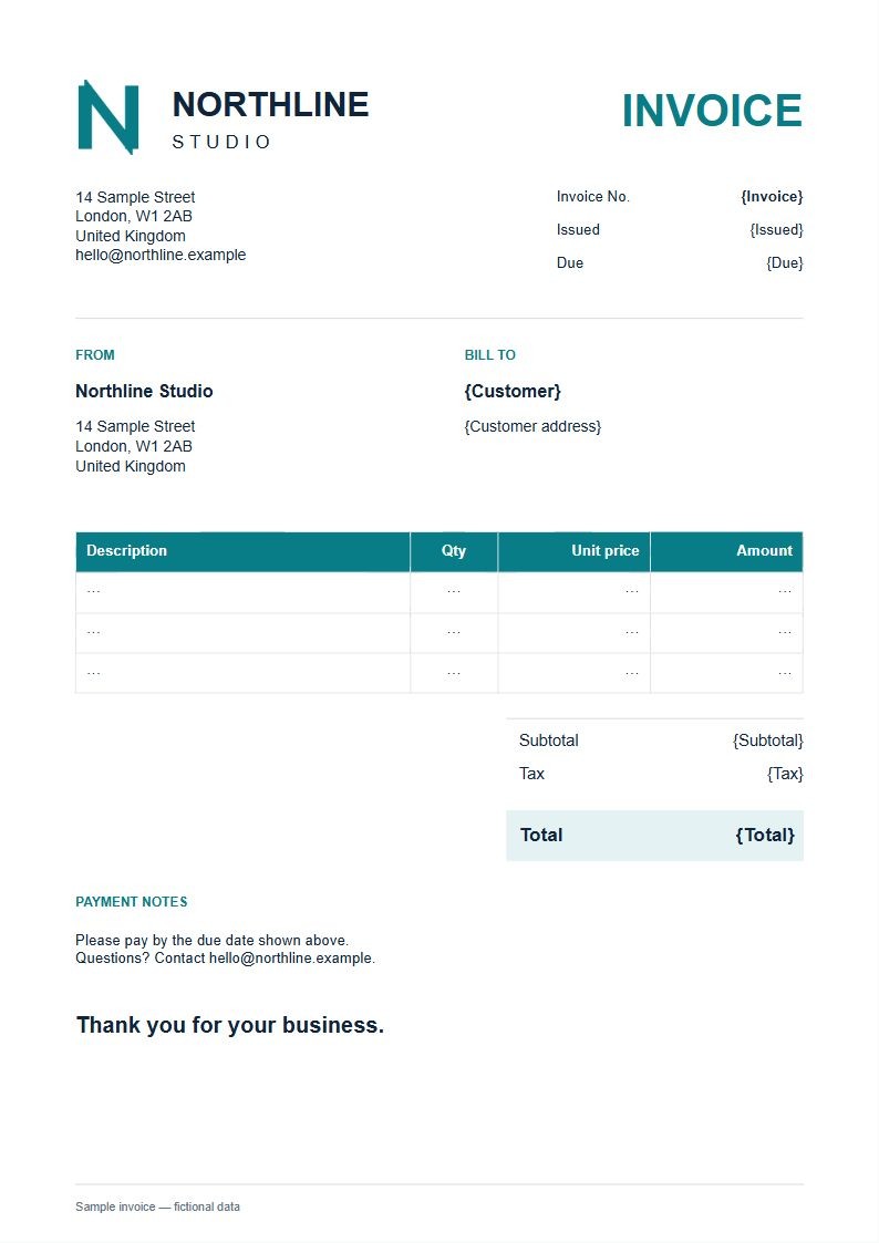 Unfilled Northline invoice template with Customer, Invoice and Total fields and an empty line-item table.