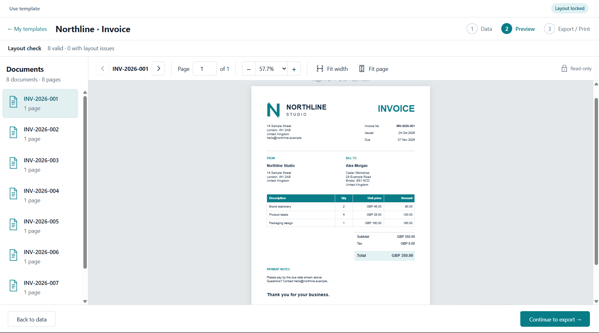 Papervio Preview with the document list and Alex Morgan's invoice.
